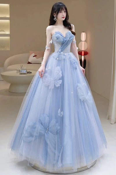 A Line Blue Tulle Long Prom Dress, Strapless Long Blue Beaded Tulle Formal Evening Dresses