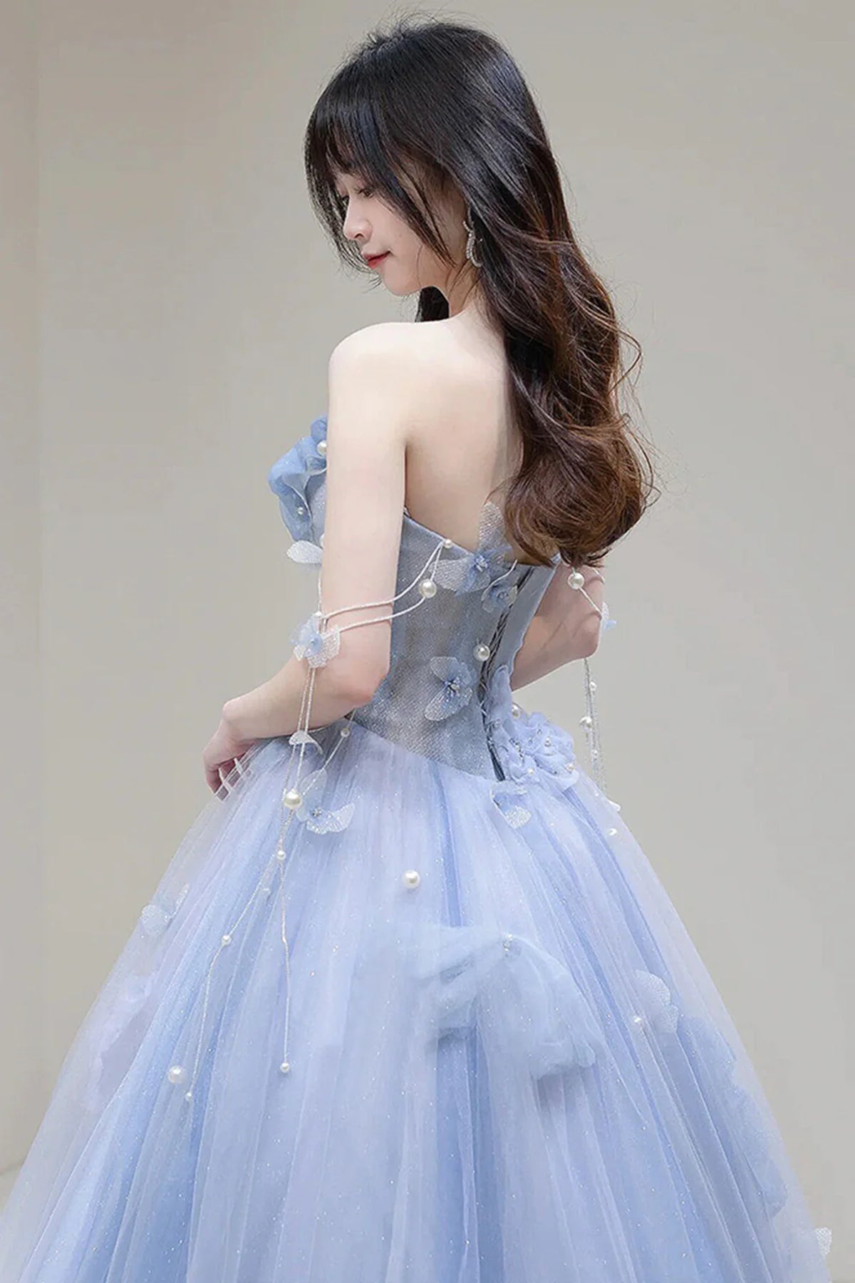 Blue Strapless Tulle Long Prom Dress with Slit and Flowers, Unique Evening Gown UQP0199