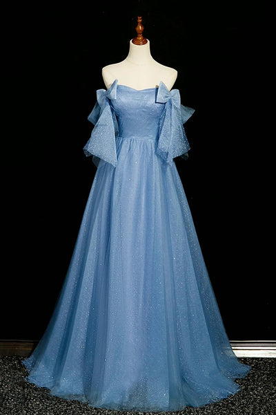 A Line Blue Tulle Long Prom Dresses, Blue Tulle Long Formal Evening Dresses