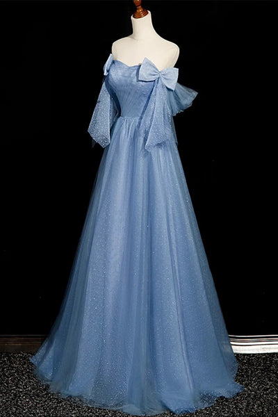 A Line Blue Tulle Long Prom Dresses, Blue Tulle Long Formal Evening Dresses
