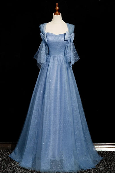 A Line Blue Tulle Long Prom Dresses, Blue Tulle Long Formal Evening Dresses