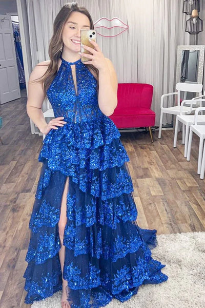 A Line Layered Blue/Magenta Lace Long Prom Dresses with High Slit, Long Blue/Magenta Lace Formal Graduation Evening Dresses