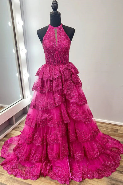 A Line Layered Blue/Magenta Lace Long Prom Dresses with High Slit, Long Blue/Magenta Lace Formal Graduation Evening Dresses