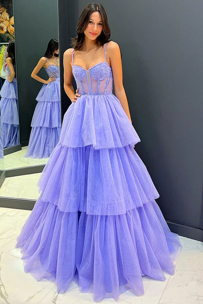A Line Layered Tulle Red/Purple/Pink/Blue Lace Long Prom Dresses, Red/Purple/Pink/Blue Lace Formal Evening Dresses