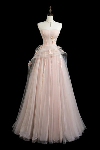 A Line Light Pink Tulle Long Lace Prom Dresses, Light Pink Tulle Lace Formal Graduation Dresses