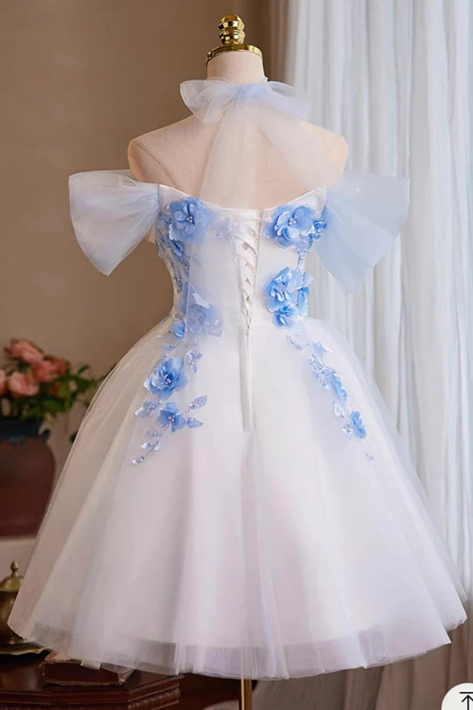 A Line Off the Shoulder Short Blue Floral Prom Dresses, Short 3D Flora