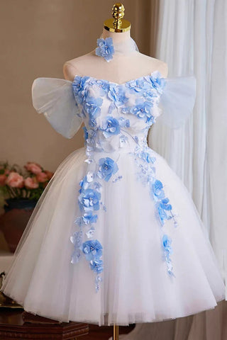 A Line Off the Shoulder Short Blue Floral Prom Dresses, Short 3D Floral Formal Homecoming Dresses