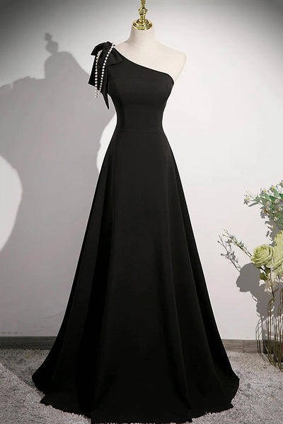 A Line One Shoulder Black Prom Dresses, One Shoulder Black A Line Formal Evening Dresses