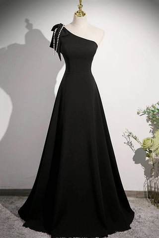 A Line One Shoulder Black Prom Dresses, One Shoulder Black A Line Formal Evening Dresses