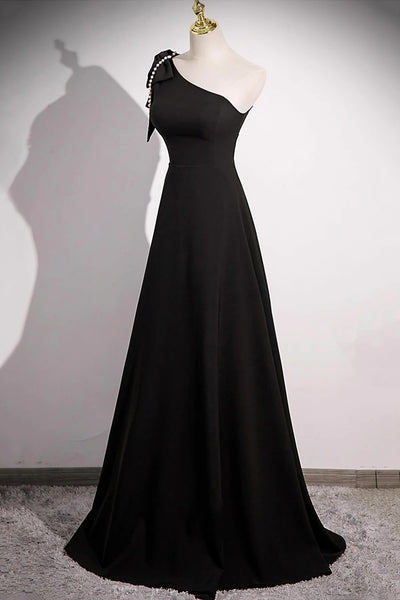 A Line One Shoulder Black Prom Dresses, One Shoulder Black A Line Formal Evening Dresses