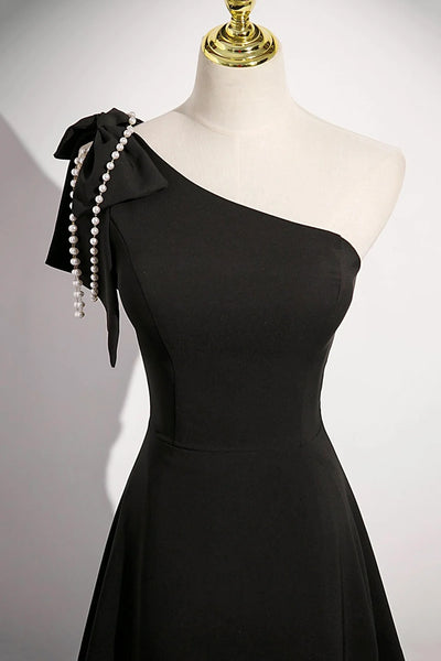 A Line One Shoulder Black Prom Dresses, One Shoulder Black A Line Formal Evening Dresses