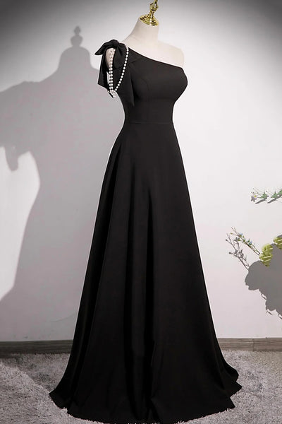 A Line One Shoulder Black Prom Dresses, One Shoulder Black A Line Formal Evening Dresses