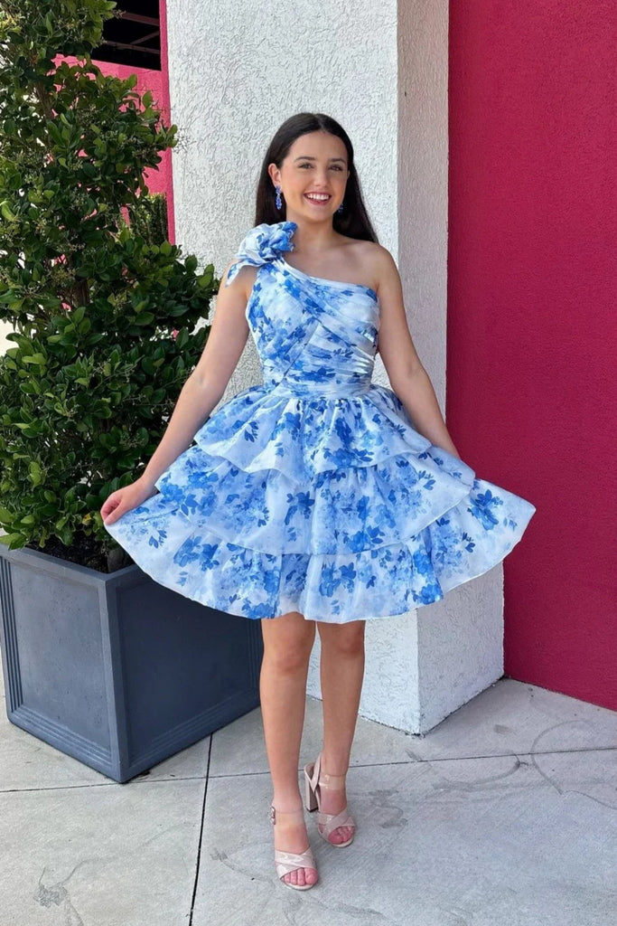 A Line One Shoulder Short Blue Floral Prom Dresses, Blue Short Floral Eip Collection A Line One Shoulder Short Blue Floral Prom Dresses, Blue Short Floral Eip Collection