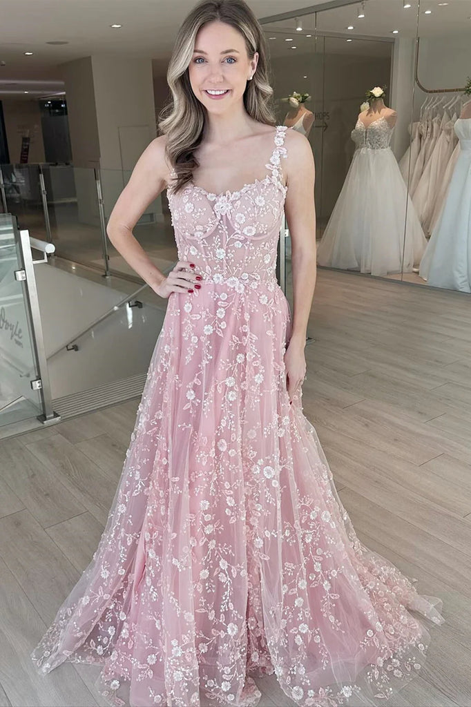 A Line Pink/Blue Lace Floral Long Prom Dresses, Pink/Blue Lace Formal Eip Collection A Line Pink/Blue Lace Floral Long Prom Dresses, Pink/Blue Lace Formal Eip Collection