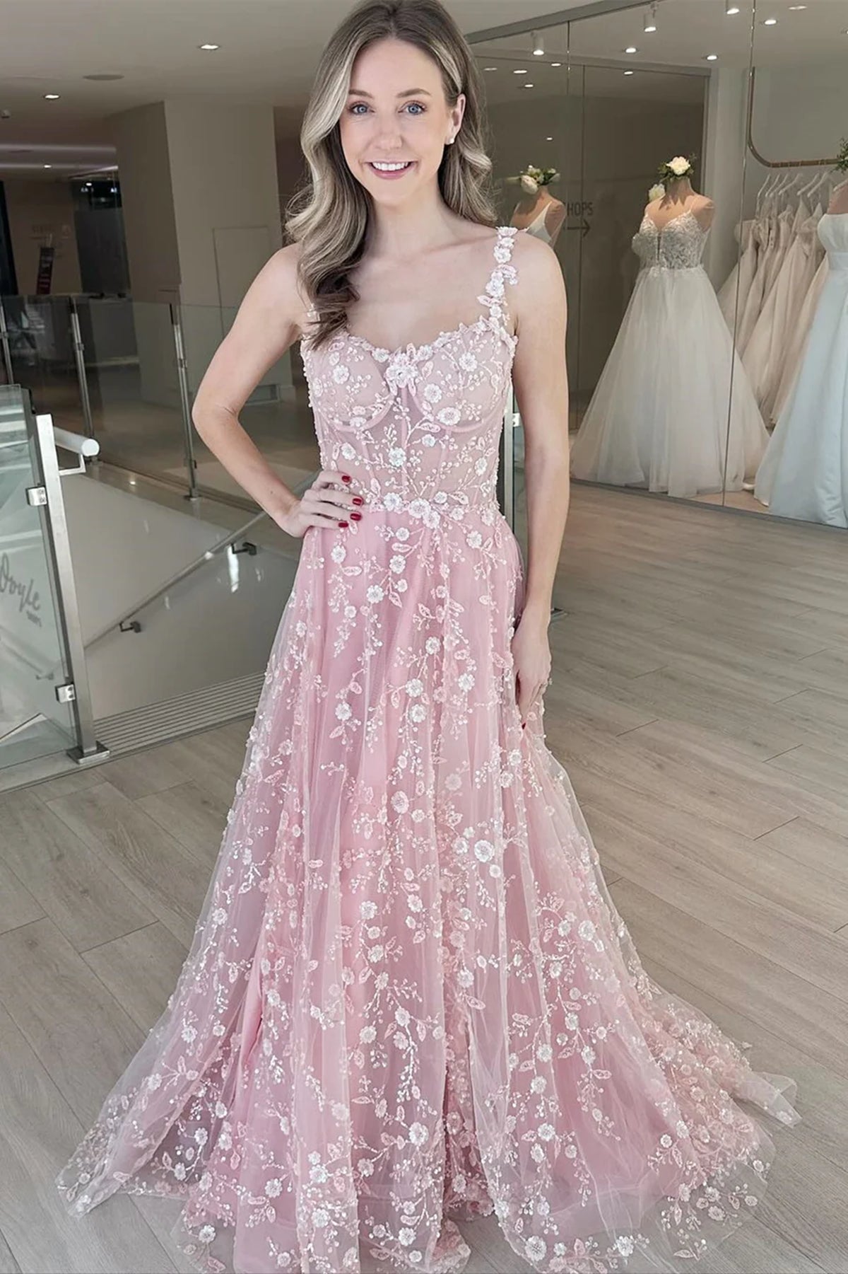 A Line Pink/Blue Lace Floral Long Prom Dresses, Pink/Blue Lace Formal Eip Collection A Line Pink/Blue Lace Floral Long Prom Dresses, Pink/Blue Lace Formal Eip Collection