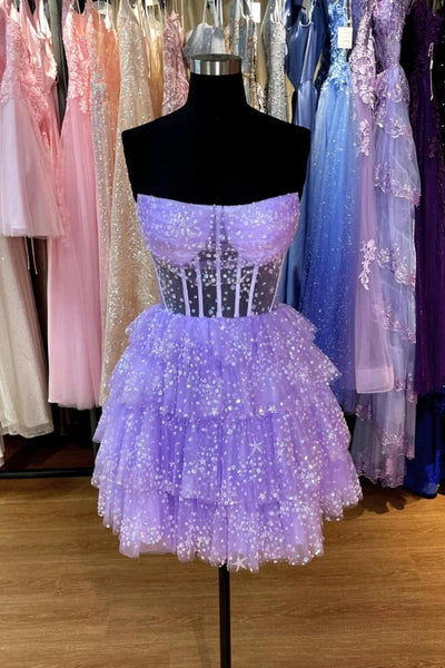 A Line Short Purple Tulle Prom Dresses, Short Purple Tulle Graduation Homecoming Dresses