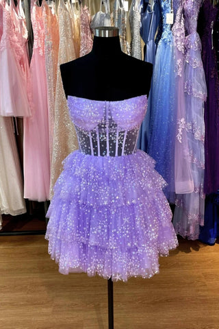 A Line Short Purple Tulle Prom Dresses, Short Purple Tulle Graduation Homecoming Dresses