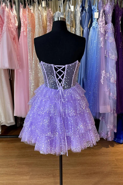 A Line Short Purple Tulle Prom Dresses, Short Purple Tulle Graduation Homecoming Dresses