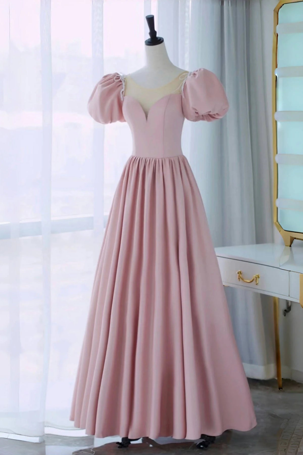 A Line Short Sleeves Round Neck Pink Long Prom Dresses, Pink Long Formal Evening Dresses