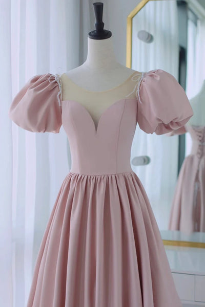 A Line Short Sleeves Round Neck Pink Long Prom Dresses, Pink Long Formal Evening Dresses
