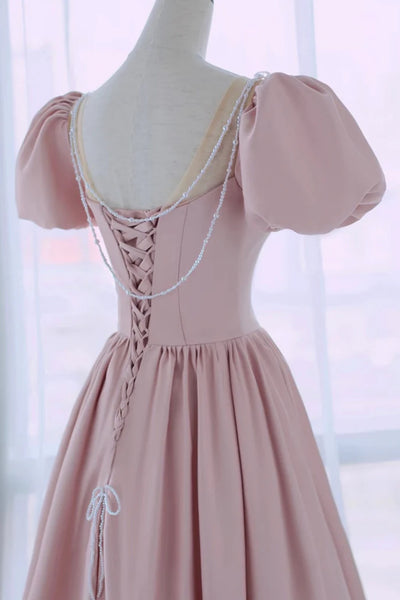 A Line Short Sleeves Round Neck Pink Long Prom Dresses, Pink Long Formal Evening Dresses