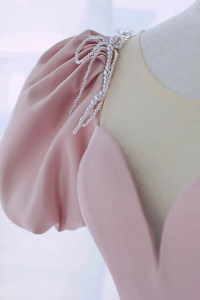 A Line Short Sleeves Round Neck Pink Long Prom Dresses, Pink Long Formal Evening Dresses