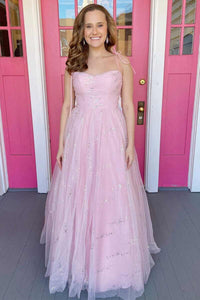 A Line Spaghetti Straps Pink Long Prom Dresses, Pink Tulle Long Formal Evening Dresses