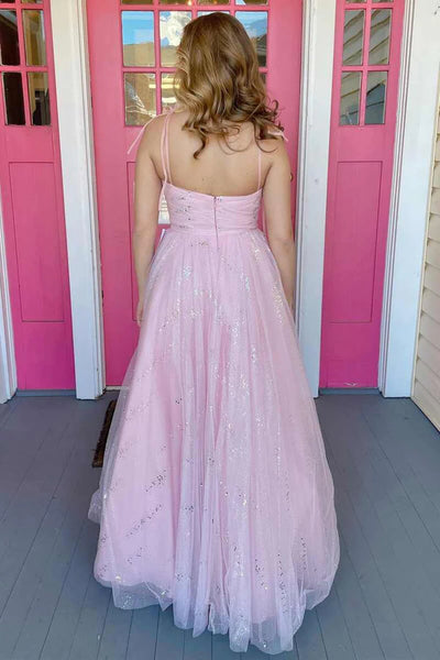 A Line Spaghetti Straps Pink Long Prom Dresses, Pink Tulle Long Formal Evening Dresses