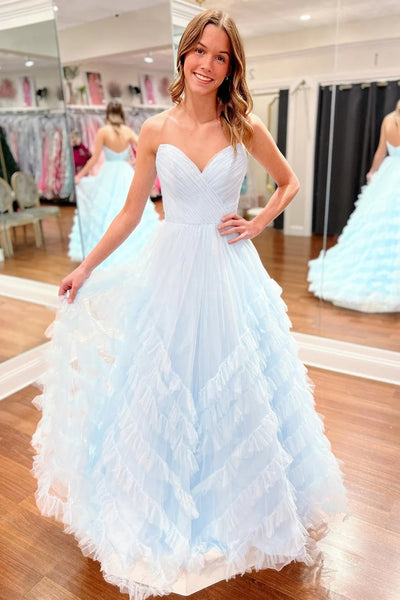 A Line Strapless Light Blue/Lilac Ruffle Tulle Long Prom Dresses, Open Back Strapless Formal Dresses, Light Blue/Lilac Evening Dresses