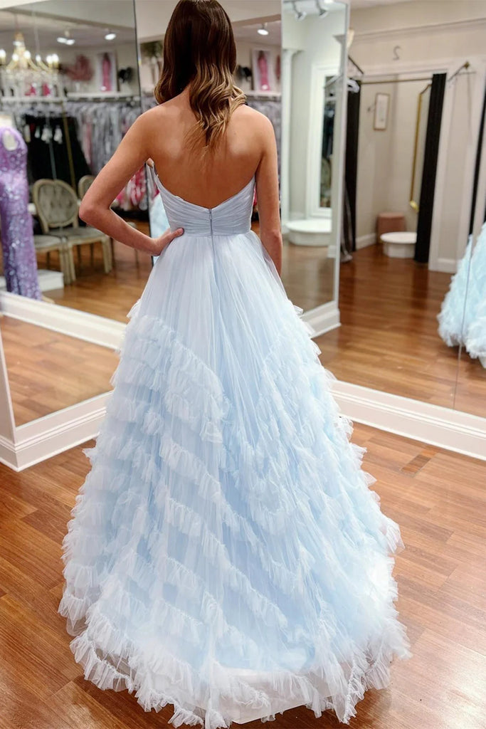 A Line Strapless Light Blue/Lilac Ruffle Tulle Long Prom Dresses, Open Eip Collection A Line Strapless Light Blue/Lilac Ruffle Tulle Long Prom Dresses, Open Eip Collection