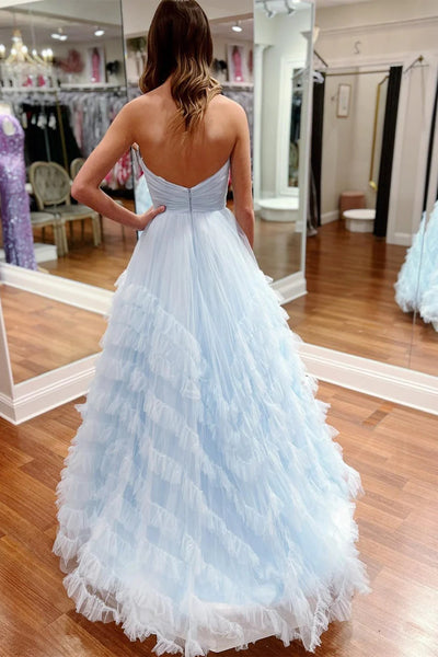 A Line Strapless Light Blue/Lilac Ruffle Tulle Long Prom Dresses, Open Back Strapless Formal Dresses, Light Blue/Lilac Evening Dresses