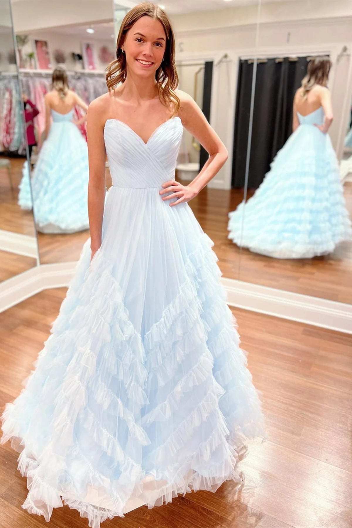 A Line Strapless Light Blue/Lilac Ruffle Tulle Long Prom Dresses, Open Eip Collection A Line Strapless Light Blue/Lilac Ruffle Tulle Long Prom Dresses, Open Eip Collection