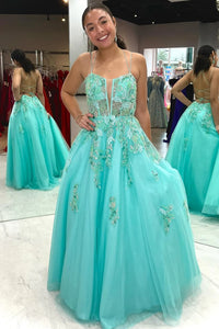 A Line V Neck Backless Aqua Lace Long Prom Dresses, Aqua Lace Formal G Eip Collection A Line V Neck Backless Aqua Lace Long Prom Dresses, Aqua Lace Formal G Eip Collection