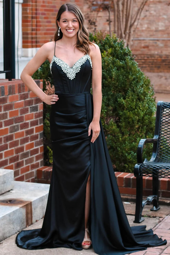 A Line V Neck Backless Beaded Black Long Prom Dresses with High Slit