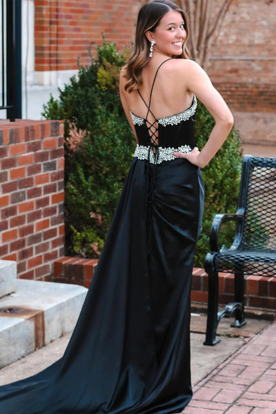 A Line V Neck Backless Beaded Black Long Prom Dresses with High Slit, Backless Black Formal Graduation Evening Dresses