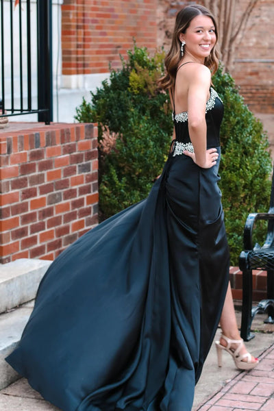 A Line V Neck Backless Beaded Black Long Prom Dresses with High Slit, Backless Black Formal Graduation Evening Dresses