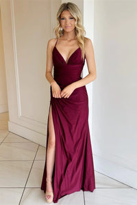 A Line V Neck Backless Burgundy Long Prom Dresses with High Slit, Backless Burgundy Formal Dresses, Burgundy Evening Dresses