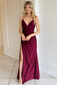 A Line V Neck Backless Burgundy Long Prom Dresses with High Slit, Back Eip Collection A Line V Neck Backless Burgundy Long Prom Dresses with High Slit, Back Eip Collection