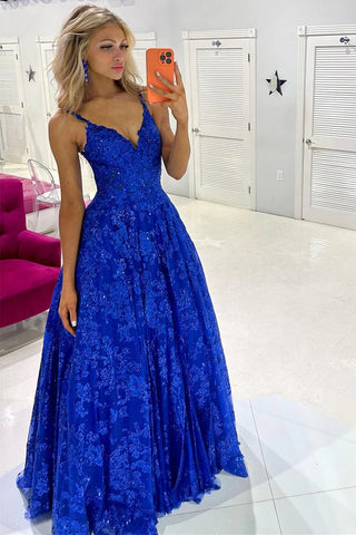 A Line V Neck Blue Lace Long Prom Dresses, Blue Lace Formal Dresses, Blue Evening Dresses