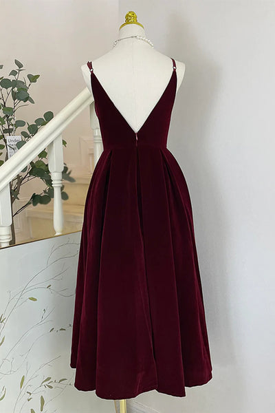 A Line V Neck Burgundy Black Tea Length Prom Dresses, Short Black Wine Red Formal Homecoming Dresses