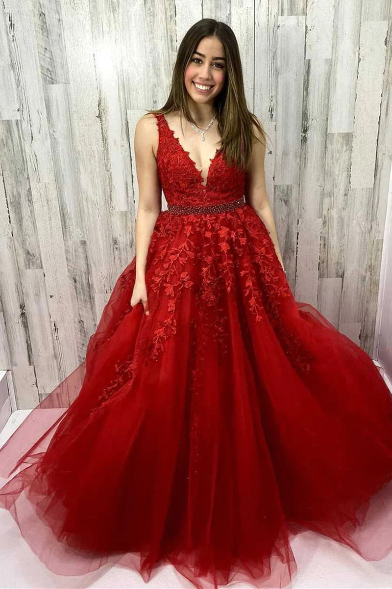 A Line V Neck Burgundy Lace Prom Dresses, Burgundy Lace Formal Dresses, Burgundy Evening Dresses main image 1