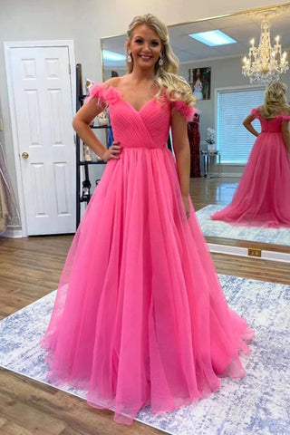 A Line V Neck Floral Pink Tulle Long Prom Dresses, V Neck Pink Formal Dresses, Pink Evening Dresses