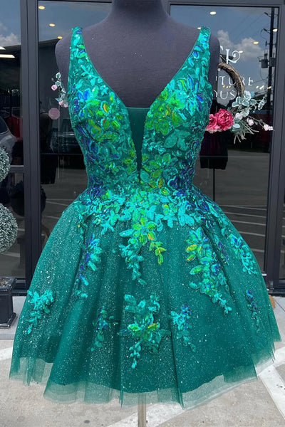 A Line V Neck Green/Lilac Lace Prom Dresses, Green/Lilac Lace Homecoming Dresses, Short Green/Lilac Formal Evening Dresses