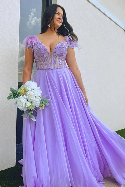A Line V Neck Lilac Lace Long Prom Dresses with Feather, Lilac Lace Formal Graduation Evening Dresses