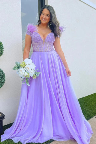 A Line V Neck Lilac Lace Long Prom Dresses with Feather, Lilac Lace Formal Graduation Evening Dresses