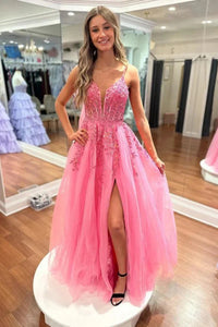 A Line V Neck Open Back Floor Length Hot Pink Lace Long Prom Dresses with High Slit, Hot Pink Lace Formal Graduation Evening Dresses