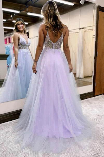 A Line V Neck Open Back Purple Lace Long Prom Dresses with High Slit, Lilac Lace Formal Graduation Evening Dresses