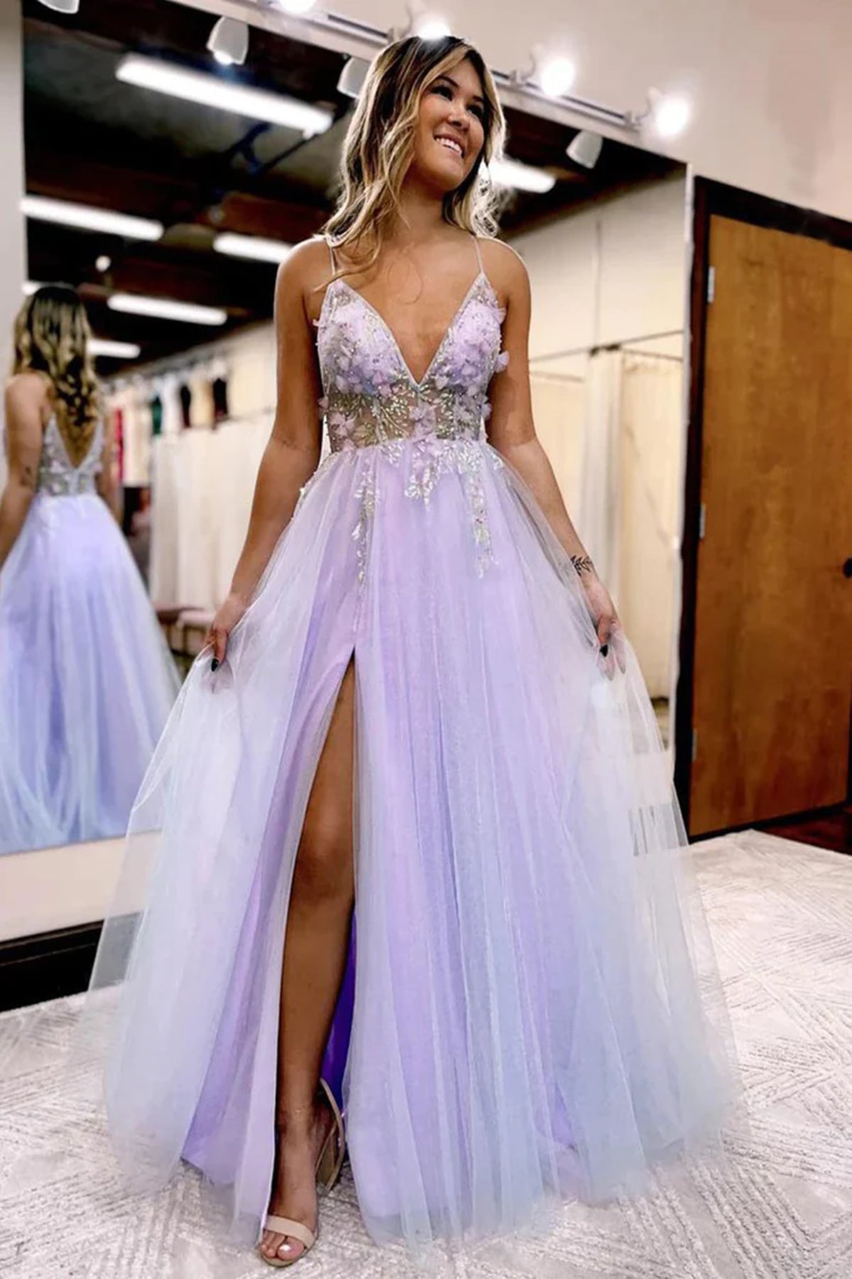 A Line V Neck Open Back Purple Lace Long Prom Dresses with High Slit, Lilac Lace Formal Graduation Evening Dresses