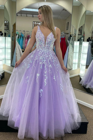 White And Purple Ombre Dress A Line White And Purple Tulle V-Neck Appliqued Floor Length White And Purple Ombre Dress A Line White And Purple Tulle V-Neck Appliqued Floor Length
