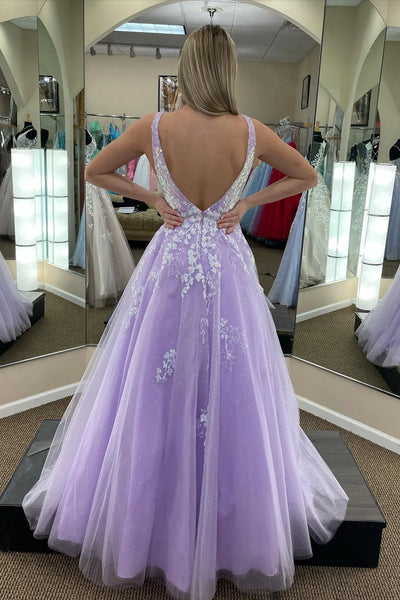 A Line V Neck Purple Lace Long Prom Dresses, A Line V Neck Purple Lace Long Formal Evening Dresses